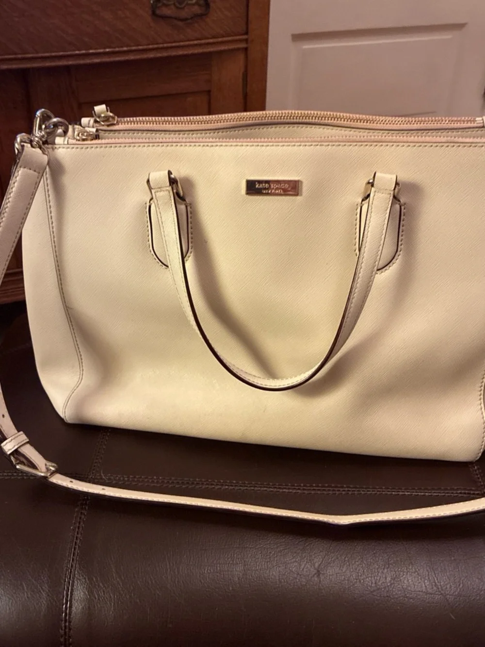 kate spade Cream Leather Crossbody Tote with Detachable Strap